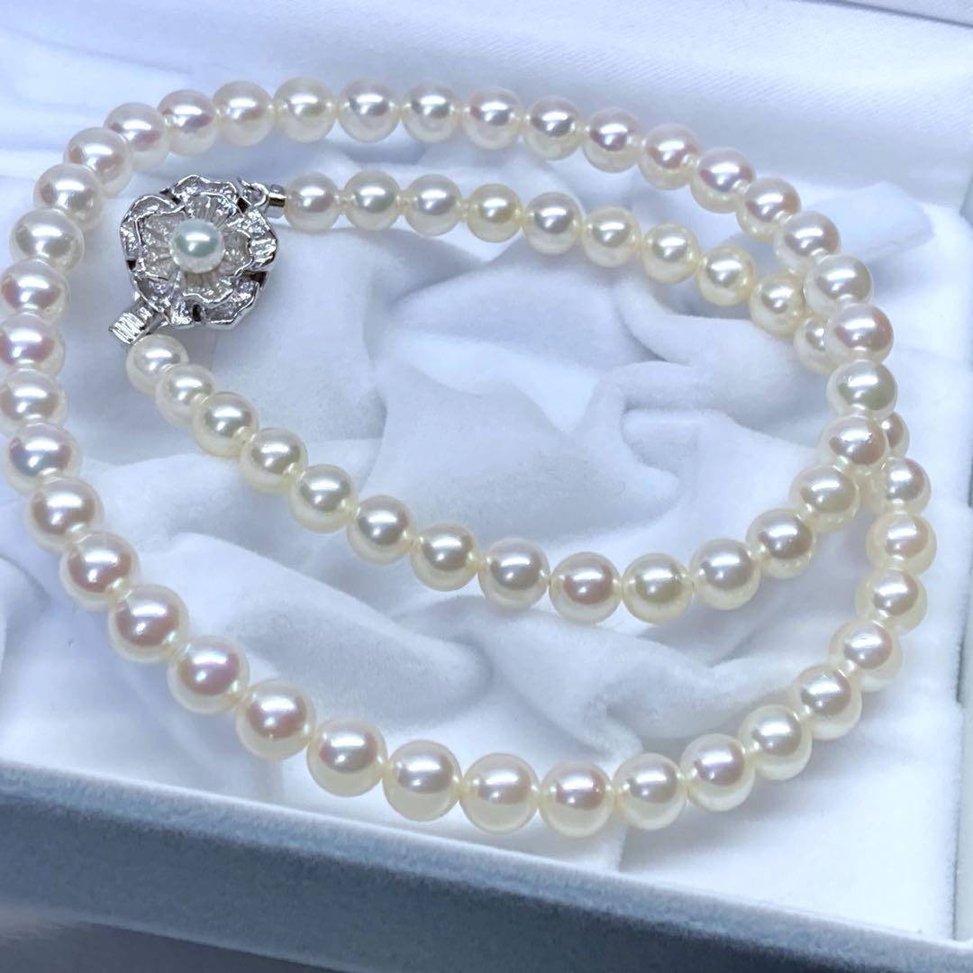Akoya Pearl Necklace with round pink white pearls 5.5-6.5mm length 43cm silver flower design