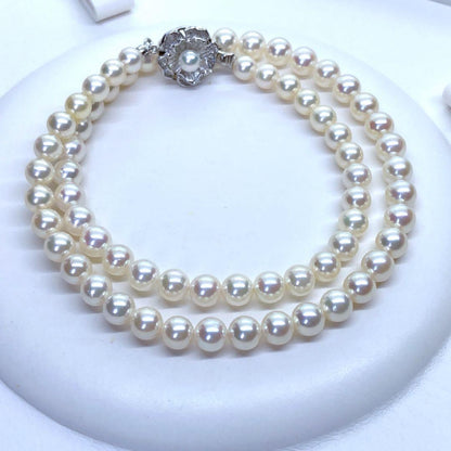 Akoya Pearl Necklace with round pink white pearls 5.5-6.5mm length 43cm silver flower design