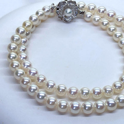Akoya Pearl Necklace with round pink white pearls 5.5-6.5mm length 43cm silver flower design