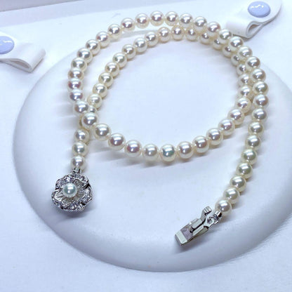 Akoya Pearl Necklace with round pink white pearls 5.5-6.5mm length 43cm silver flower design