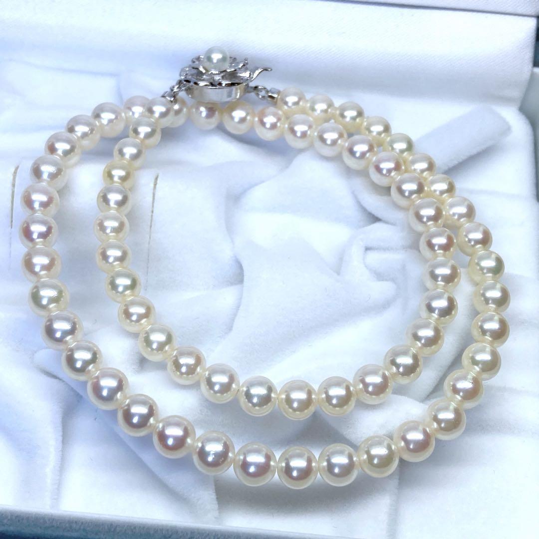 Akoya Pearl Necklace with round pink white pearls 5.5-6.5mm length 43cm silver flower design