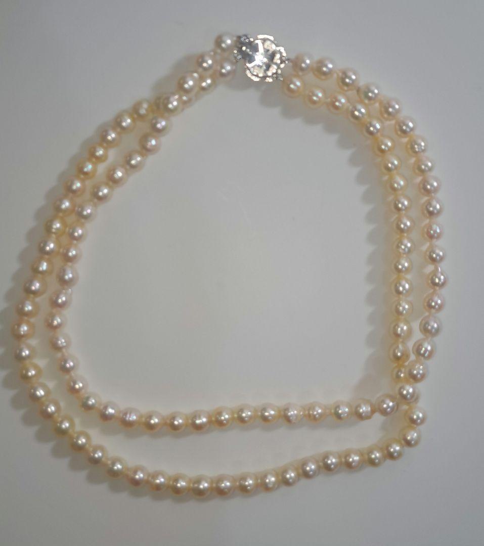Double strand Akoya pearl necklace with 6mm white pearls and decorative clasp