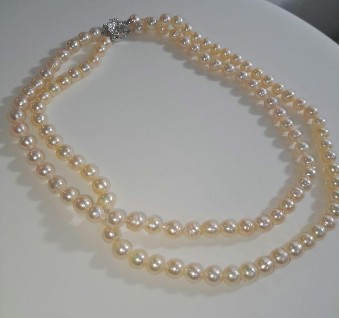 Double strand Akoya pearl necklace with 6mm white pearls and decorative clasp