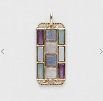 Agete K10 gold necklace charm with multi-stone decorations including labradorite, amethyst, chalcedony, shell, and FE stones