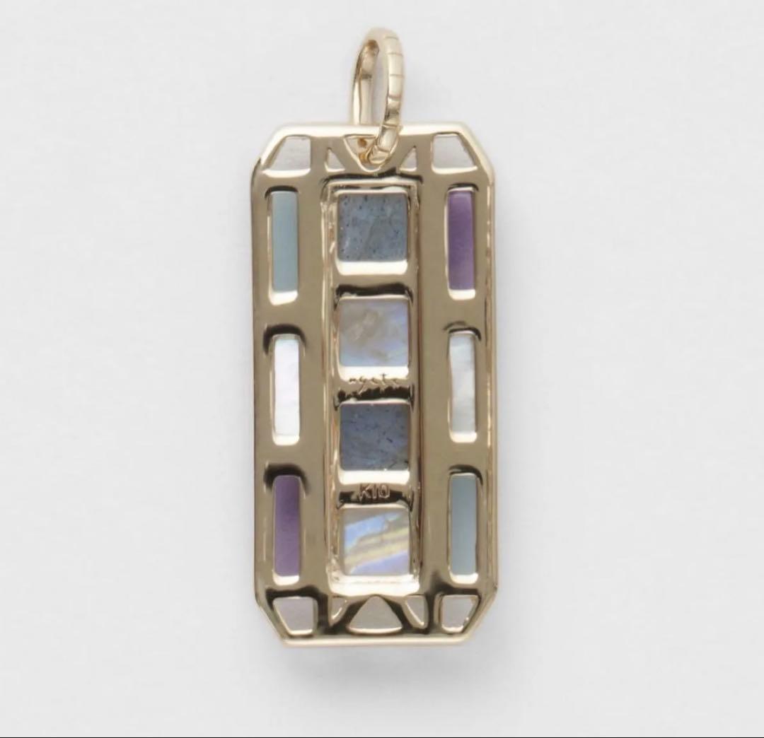 Agete K10 gold necklace charm with multi-stone decorations including labradorite, amethyst, chalcedony, shell, and FE stones