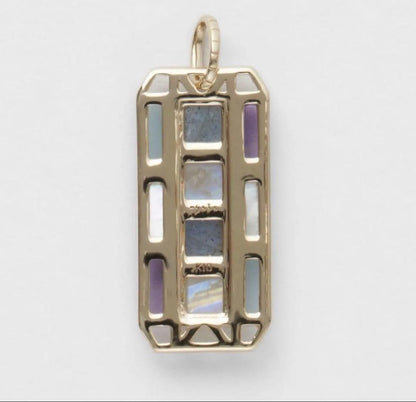 Agete K10 gold necklace charm with multi-stone decorations including labradorite, amethyst, chalcedony, shell, and FE stones