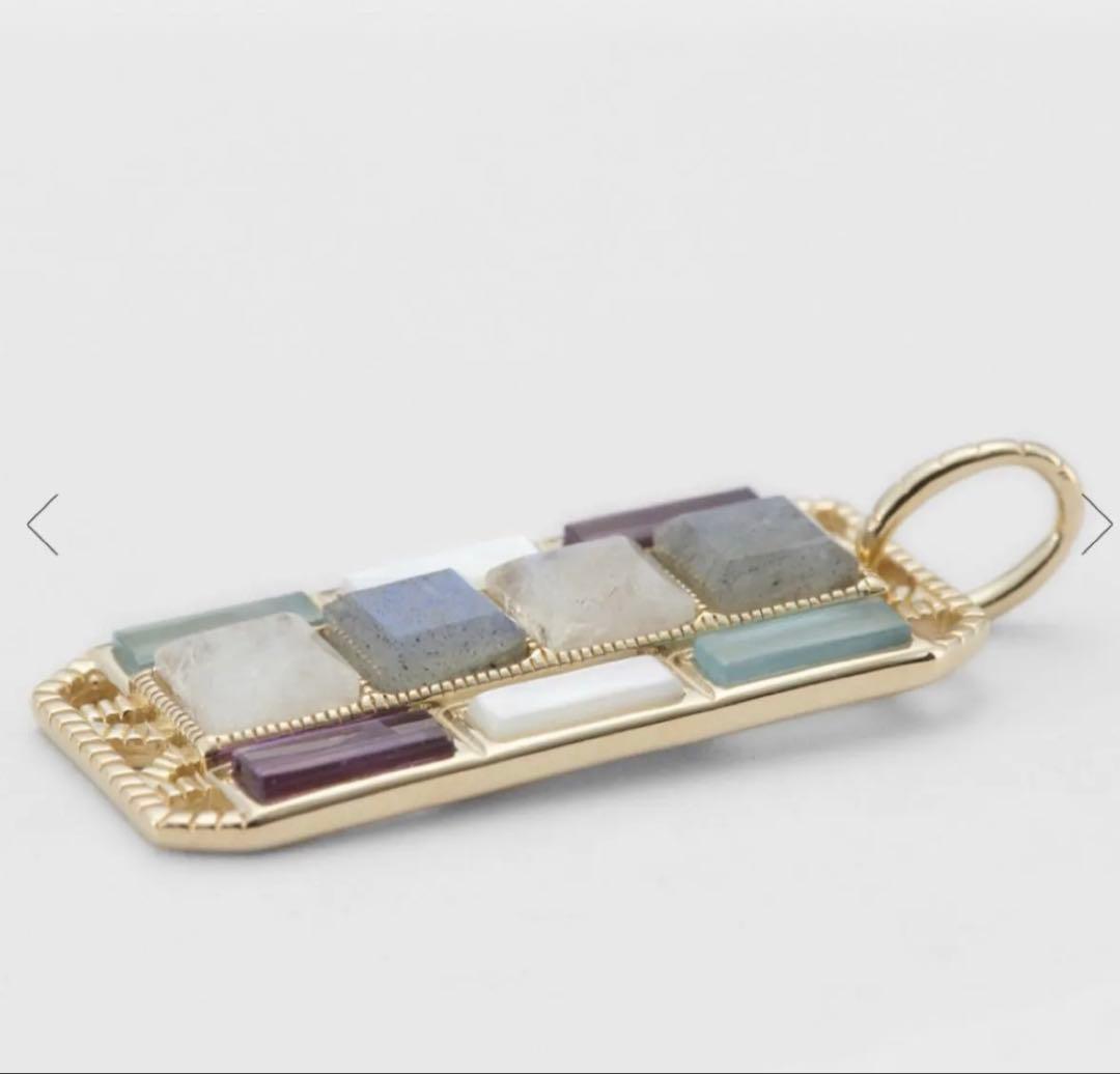 Agete K10 gold necklace charm with multi-stone decorations including labradorite, amethyst, chalcedony, shell, and FE stones