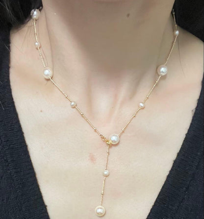 Honpuro Pearl Station Necklace with 7 Akoya pearls and 6 Freshwater pearls on a 45 cm chain