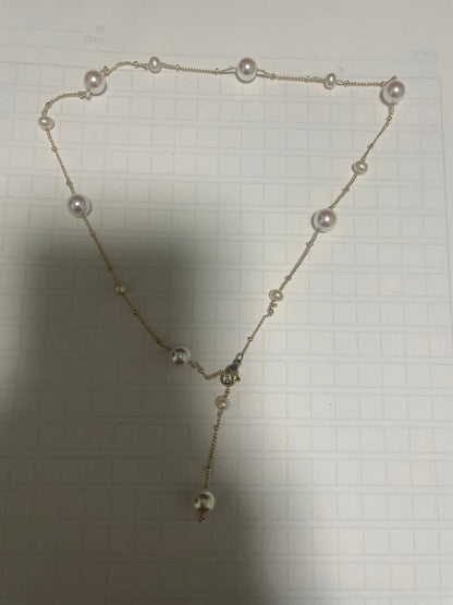 Honpuro Pearl Station Necklace with 7 Akoya pearls and 6 Freshwater pearls on a 45 cm chain