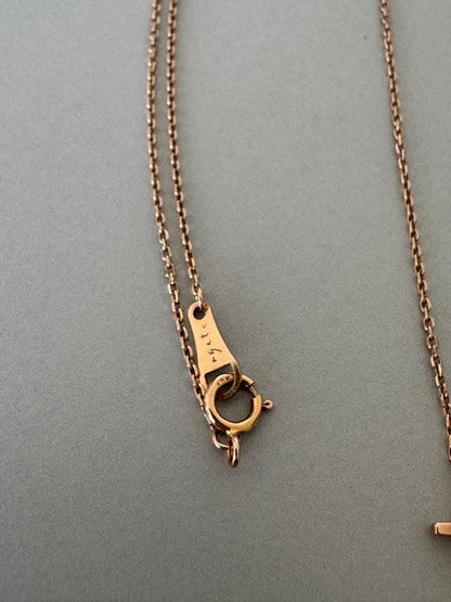 Agete K10 pink gold diamond cross necklace with center and vertical line diamonds on a 40 cm chain