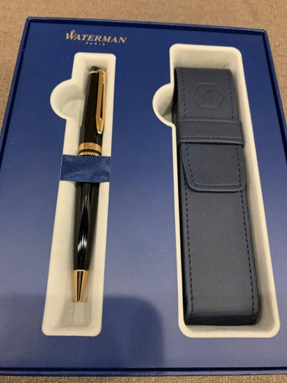 WATERMAN retractable black ballpoint pen with included case showing pen and case exterior