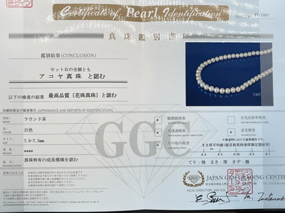 Akoya pearl flower necklace with 7-7.5mm white pearls and silver clasp GGC certified