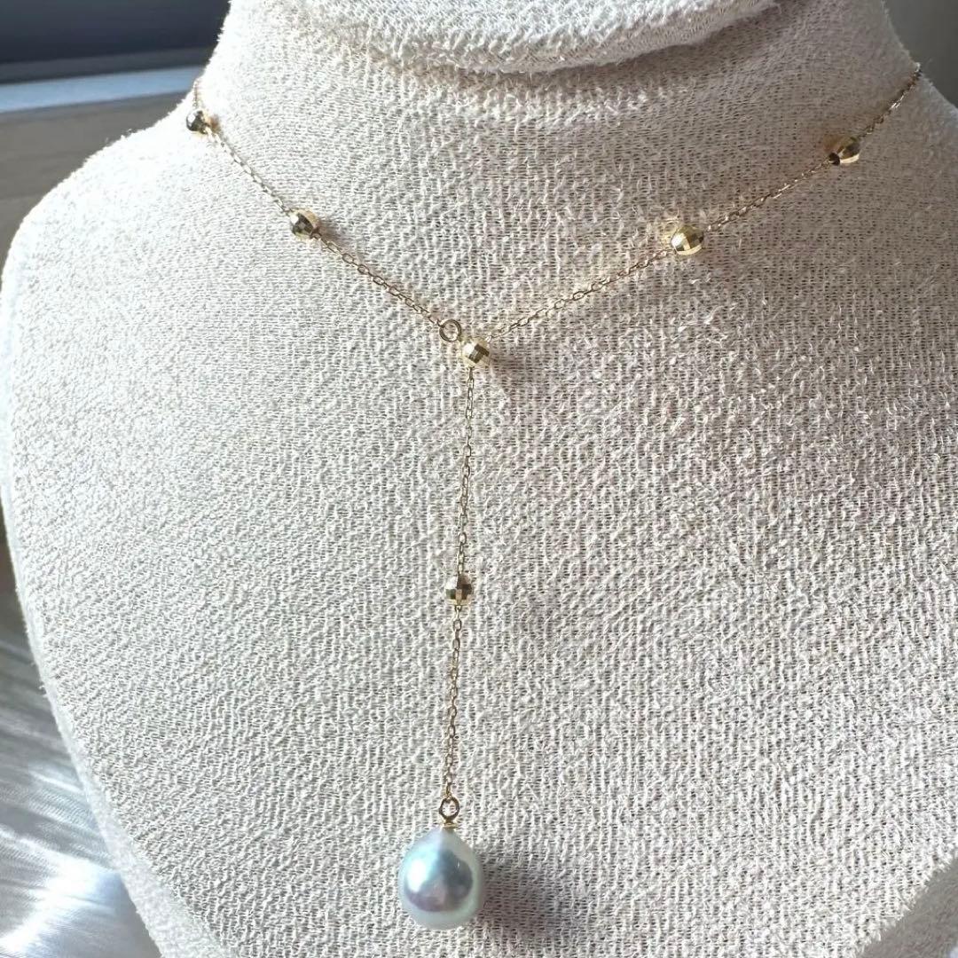 K10YG Akoya Pearl natural blue drop shape necklace with 8-8.5 mm pearls on a 45 cm chain