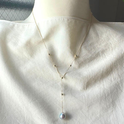K10YG Akoya Pearl natural blue drop shape necklace with 8-8.5 mm pearls on a 45 cm chain
