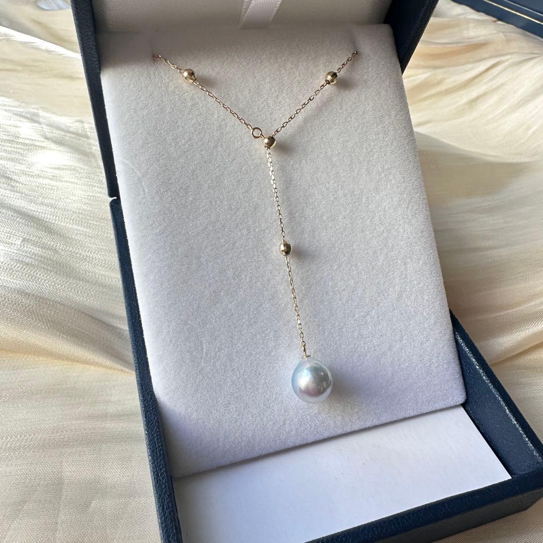 K10YG Akoya Pearl natural blue drop shape necklace with 8-8.5 mm pearls on a 45 cm chain