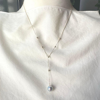 K10YG Akoya Pearl natural blue drop shape necklace with 8-8.5 mm pearls on a 45 cm chain