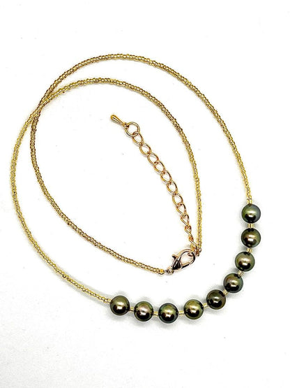 Akoya pearl necklace with peacock green pearls and K18 Italian gold leaf accents, 45-50 cm length