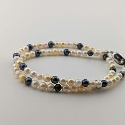 AM117 Akoya Baby Pearl Necklace with yellow, black, and white pearls and silver SV925 clasp, 45cm long