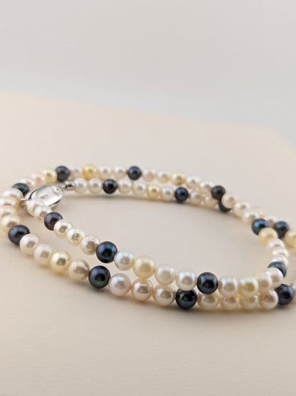 AM117 Akoya Baby Pearl Necklace with yellow, black, and white pearls and silver SV925 clasp, 45cm long