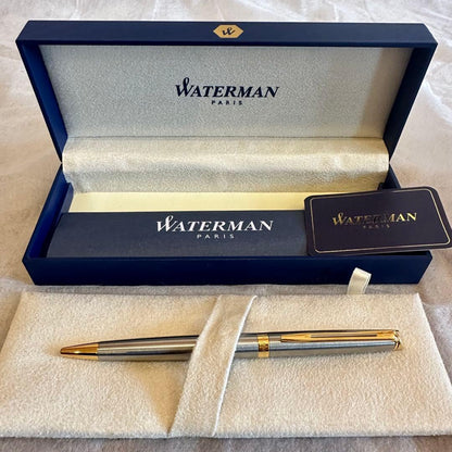 Waterman Ballpoint Pen with sleek black body and silver accents, measuring 14 cm long