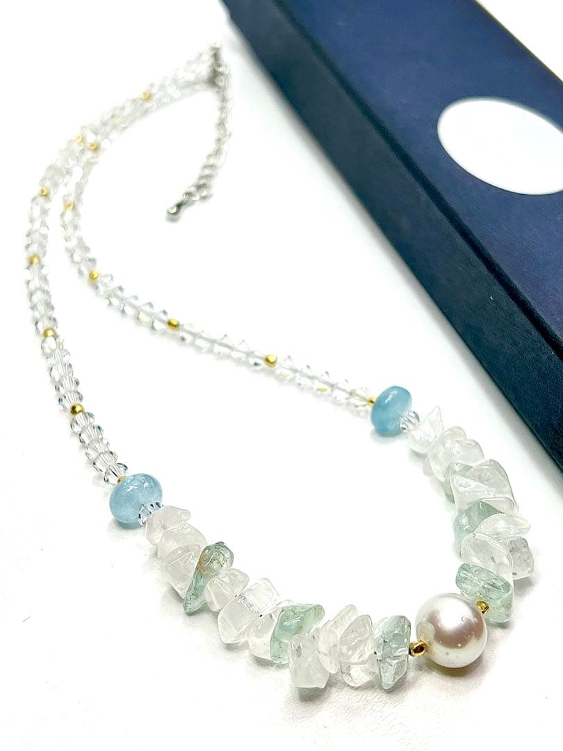Large 10mm round untone Akoya pearl necklace with aquamarine stones and crystal chain