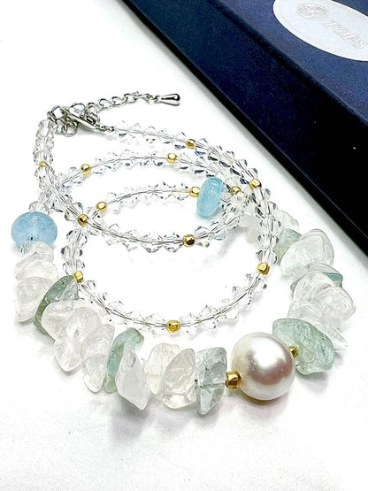 Large 10mm round untone Akoya pearl necklace with aquamarine stones and crystal chain
