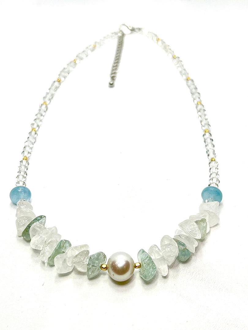 Large 10mm round untone Akoya pearl necklace with aquamarine stones and crystal chain