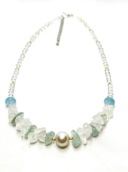 Large 10mm round untone Akoya pearl necklace with aquamarine stones and crystal chain