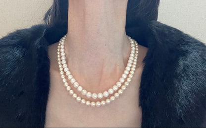 Yamato Akoya genuine 7mm pearl necklace and earrings set in champagne gold with white gold posts