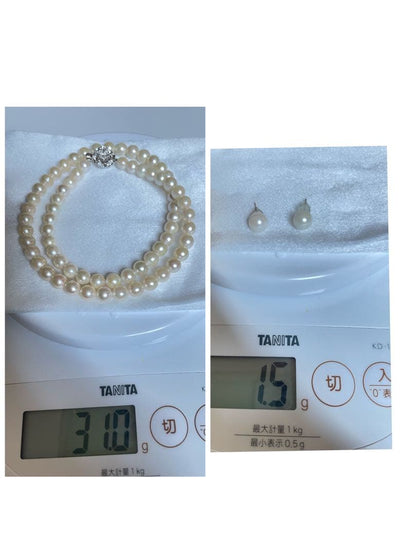 Yamato Akoya genuine 7mm pearl necklace and earrings set in champagne gold with white gold posts