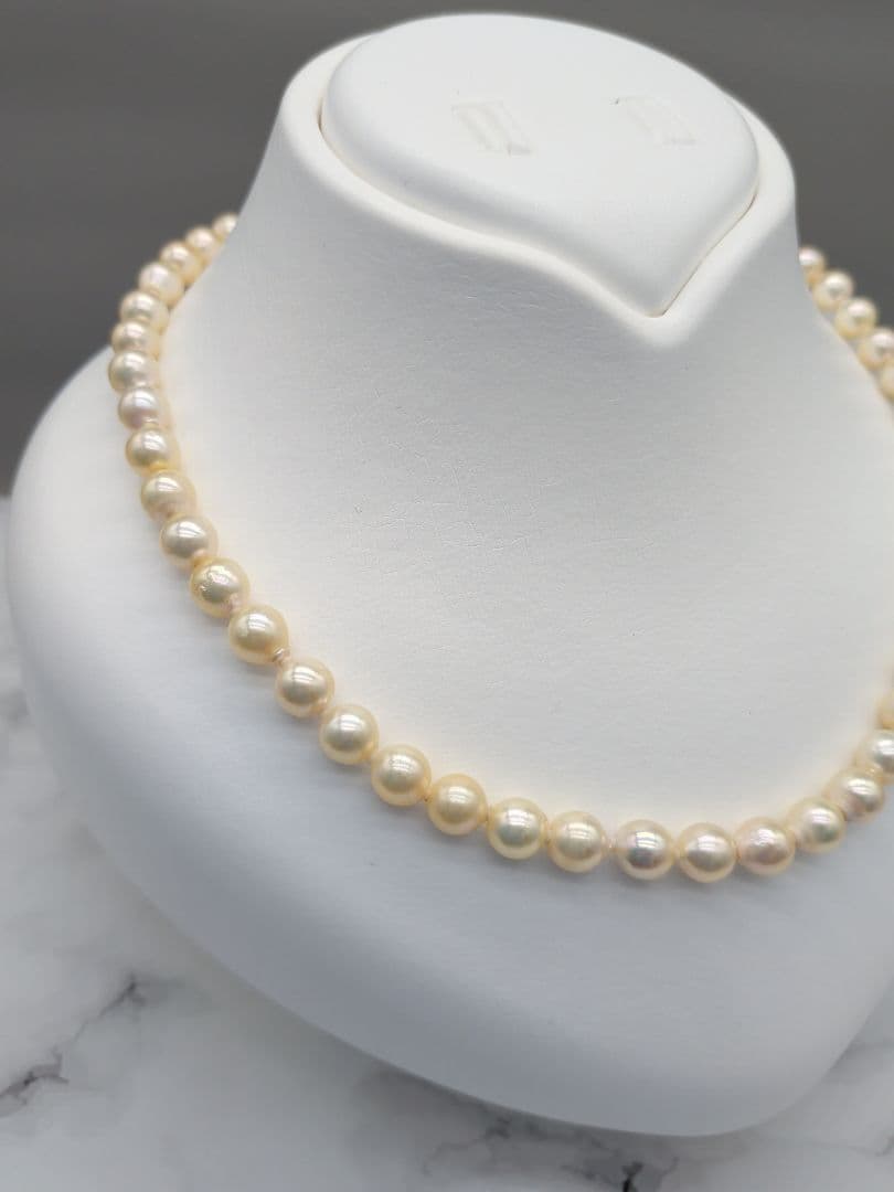 Akoya genuine pearl necklace with 7-7.5mm champagne tone pearls and silver clasp, total length 42.3cm