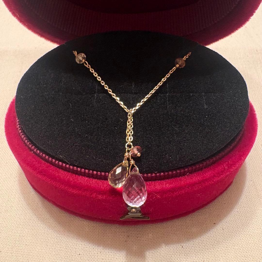 Agete Necklace made of K10 gold with Amethyst, Citrine, Pink Tourmaline, and Quartz stones on a 45 cm chain