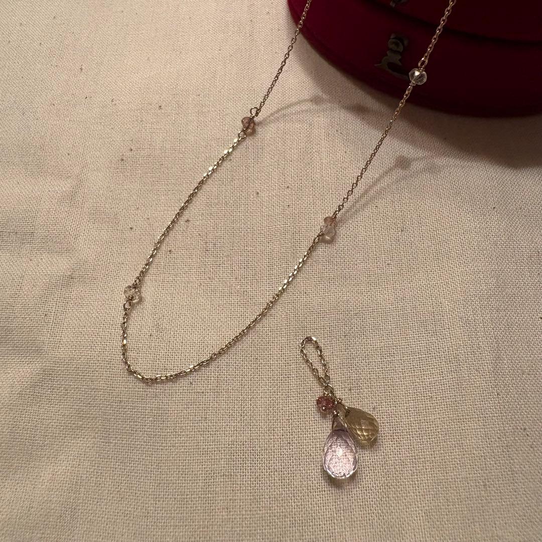 Agete Necklace made of K10 gold with Amethyst, Citrine, Pink Tourmaline, and Quartz stones on a 45 cm chain