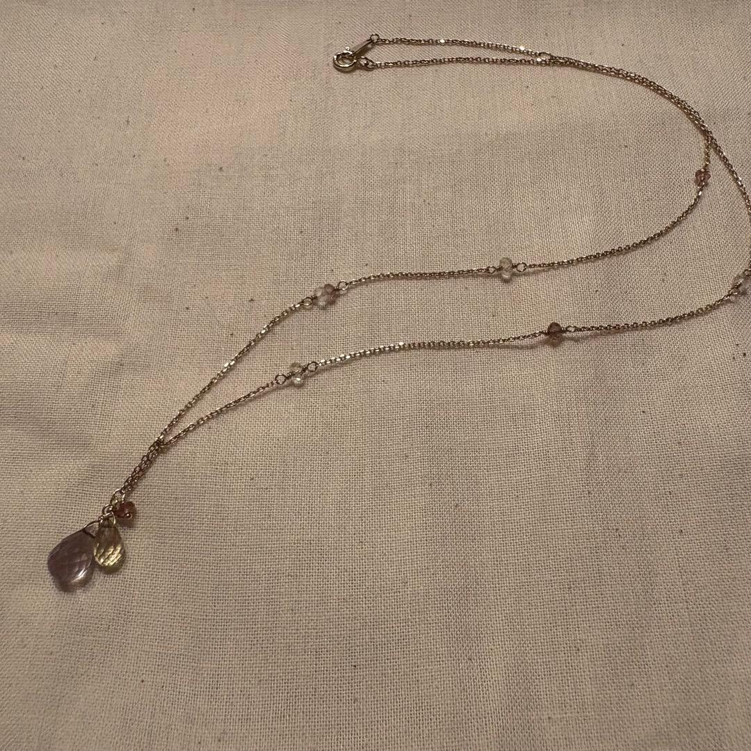 Agete Necklace made of K10 gold with Amethyst, Citrine, Pink Tourmaline, and Quartz stones on a 45 cm chain