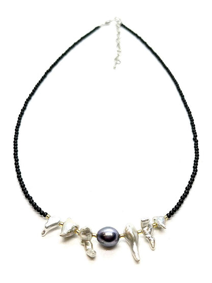 Akoya Pearl Large Round Keshi necklace featuring black pearls and Venezian glass with gold leaf