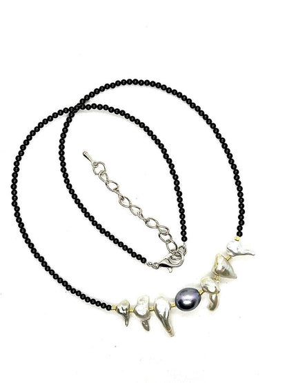 Akoya Pearl Large Round Keshi necklace featuring black pearls and Venezian glass with gold leaf