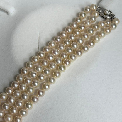Two-strand Akoya pearl necklace with 7mm pearls, 59cm length, and sterling silver fittings