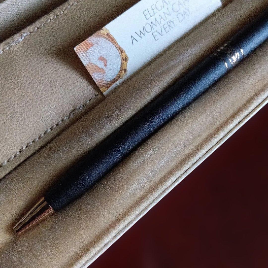 Matte black twist-style clipless women's pen with leather case on white background