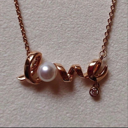 MIKIMOTOLOVE necklace featuring pink gold pearl and diamond with LOVE motif design