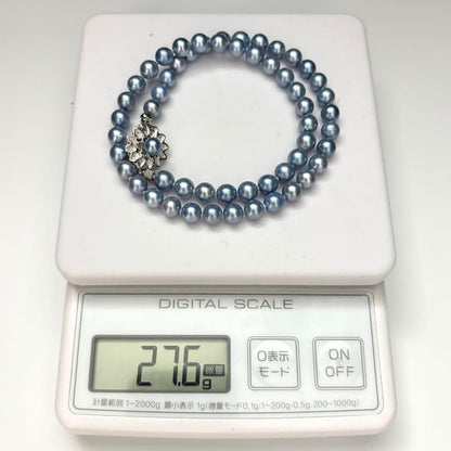 Aqua Akoya pearl necklace with round blue-grey pearls 6.5-7mm, 42cm length, silver stamp
