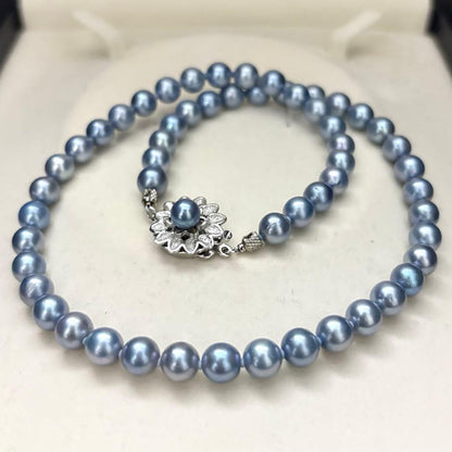 Aqua Akoya pearl necklace with round blue-grey pearls 6.5-7mm, 42cm length, silver stamp