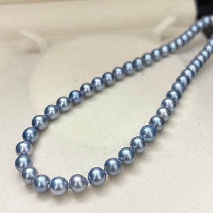 Aqua Akoya pearl necklace with round blue-grey pearls 6.5-7mm, 42cm length, silver stamp