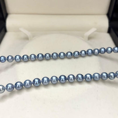 Aqua Akoya pearl necklace with round blue-grey pearls 6.5-7mm, 42cm length, silver stamp
