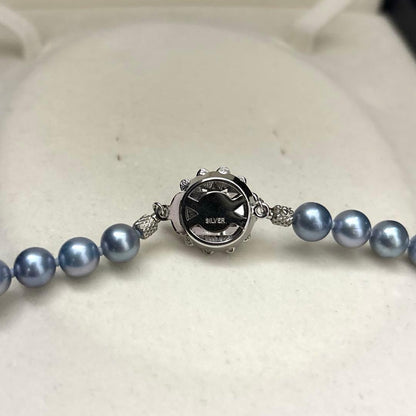 Aqua Akoya pearl necklace with round blue-grey pearls 6.5-7mm, 42cm length, silver stamp