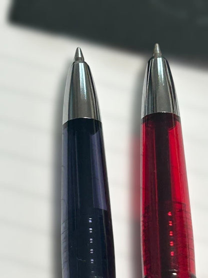 Four Pilot Desk Pens BDE-15 in discarded rare colors transparent purple, red, white, and black resin metal