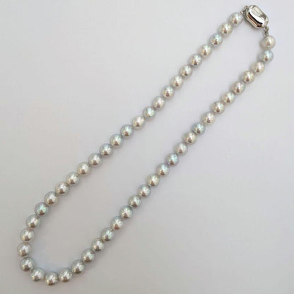 Akoya pearl necklace with natural gray 8-8.5mm round pearls and silver clasp on a white background