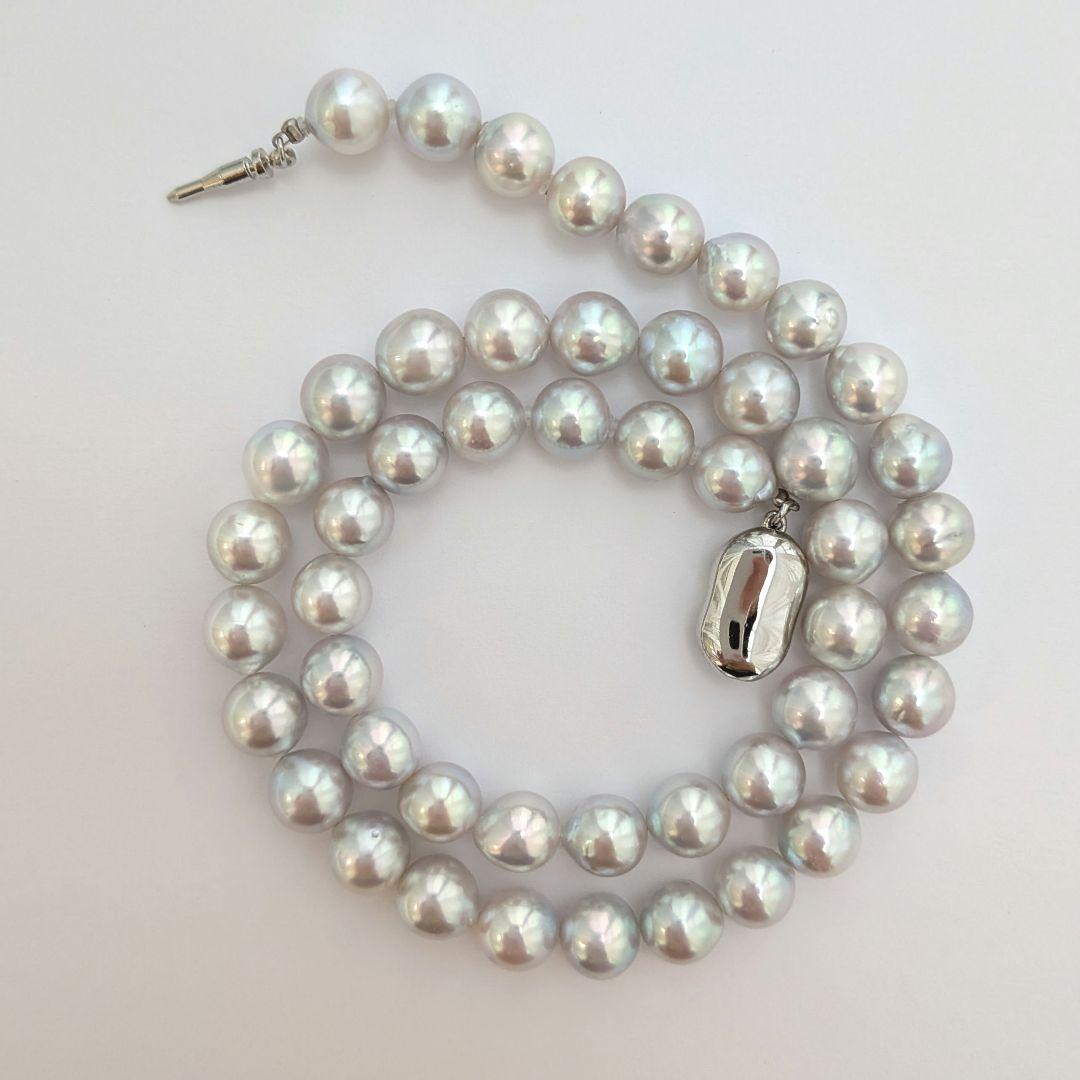 Akoya pearl necklace with natural gray 8-8.5mm round pearls and silver clasp on a white background