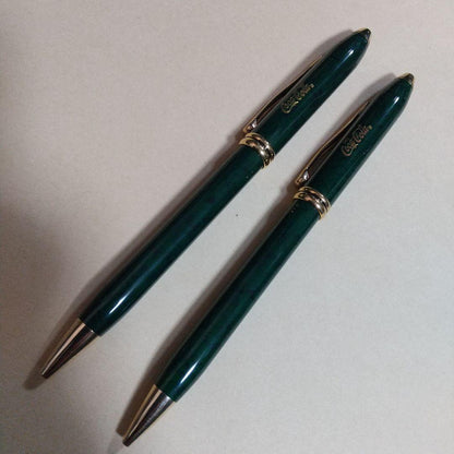Green Coca-Cola and Cross collaboration ballpoint pen and mechanical pencil set each 14.8 cm long