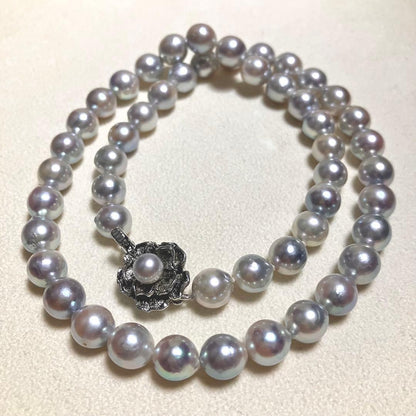Akoya pearl necklace with blue gray pearls 7.5-8.0mm and silver flower clasp on 42.5cm chain
