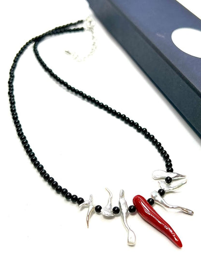 Akoya pearl paste necklace with Italian coral and black tourmaline beads, 42-47mm length